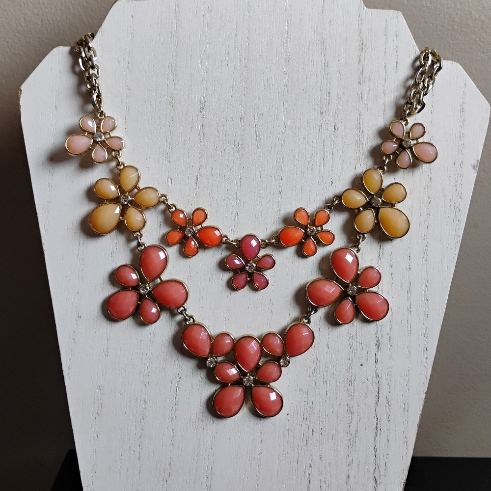 Beautiful Gold Tone Orange Yellow Pink Floral Statement Necklace | Spring Easter